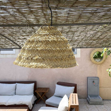 Abat-jour arrondi en fibre palmier – Diamètre 38-40 cm – Hauteur 30 cm – Monture E27 pour ampoule LED – Luminaire marocain artisanal