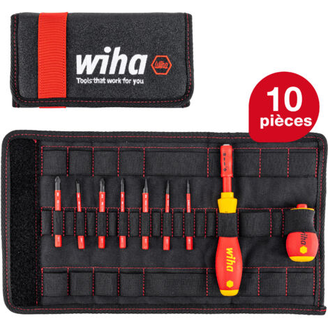 Wiha Jeu de tournevis et embouts slimVario® Fente, Phillips, Pozidriv, 10 pcs y compris une trousse repliable (41232)