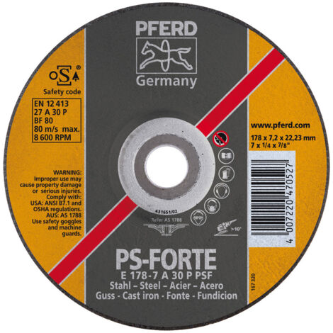 Meule à ébarber PSF STEEL D180xS7.2 mm contre-coudé acier perçage 22.23 mm PFERD (Par 10)