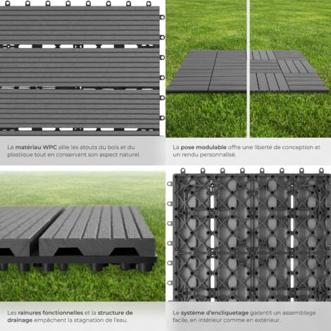 Lot de dalles de terrasse TEGULAS en WPC aspect bois - gris, Lot de 11