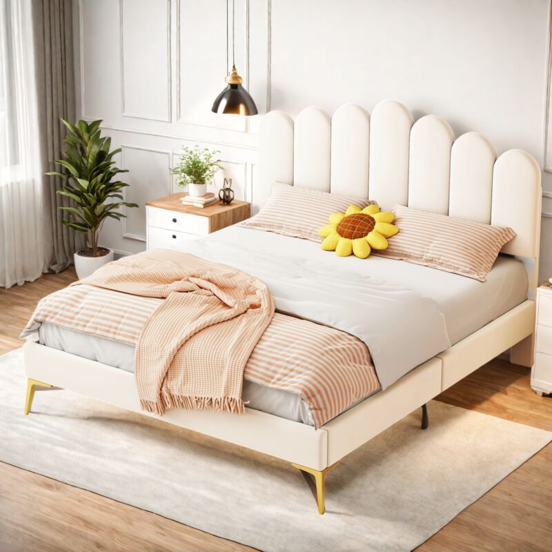 Lit double capitonné 140x200cm avec prise USB et LED, lit adulte avec sommier à lattes et tête de lit rangement, tissu en lin, beige
