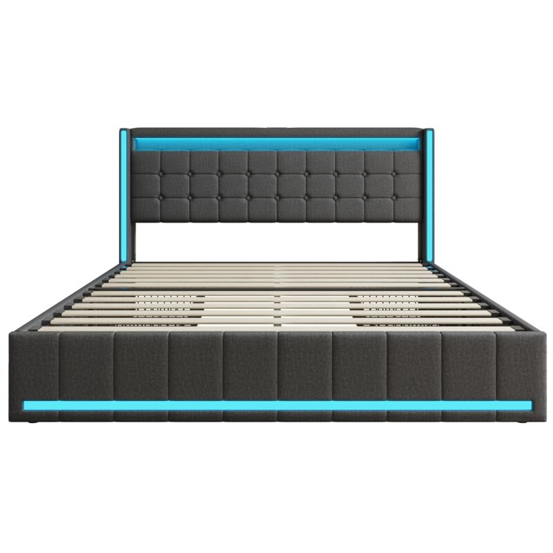 LIT DOUBLE LINKHOO 140x200 Cm Avec Tête De Lit Rembourrée - Design Moderne En Lin Bleu, Sommier Lattes, Sans Matelas - 8