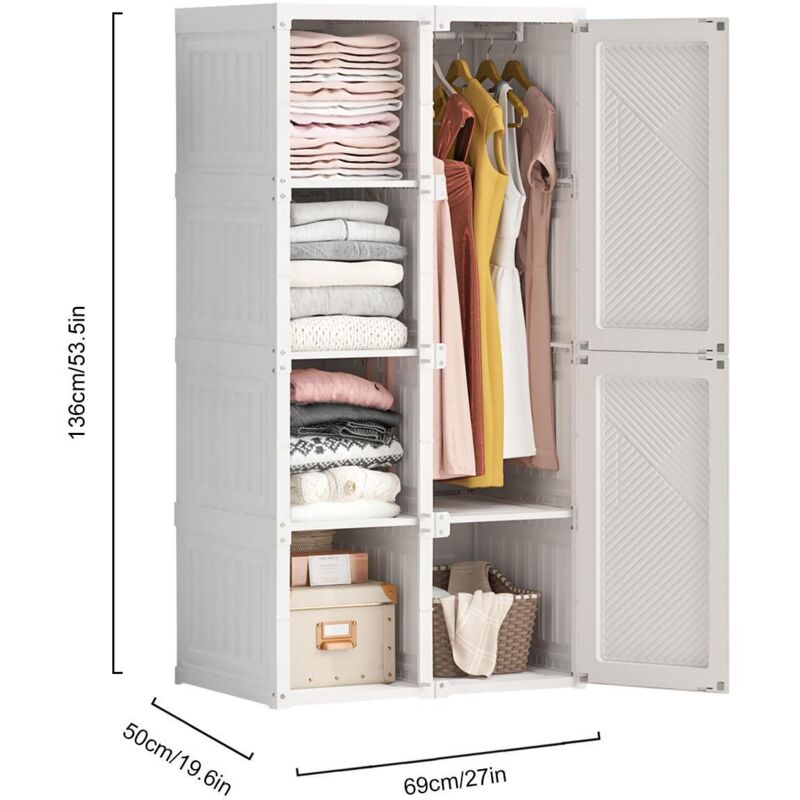 Armoire 2 portes et 3 étagères - Armoires penderies portables, pliable armoire chambre à coucher - 69x50x136cm - blanc 4