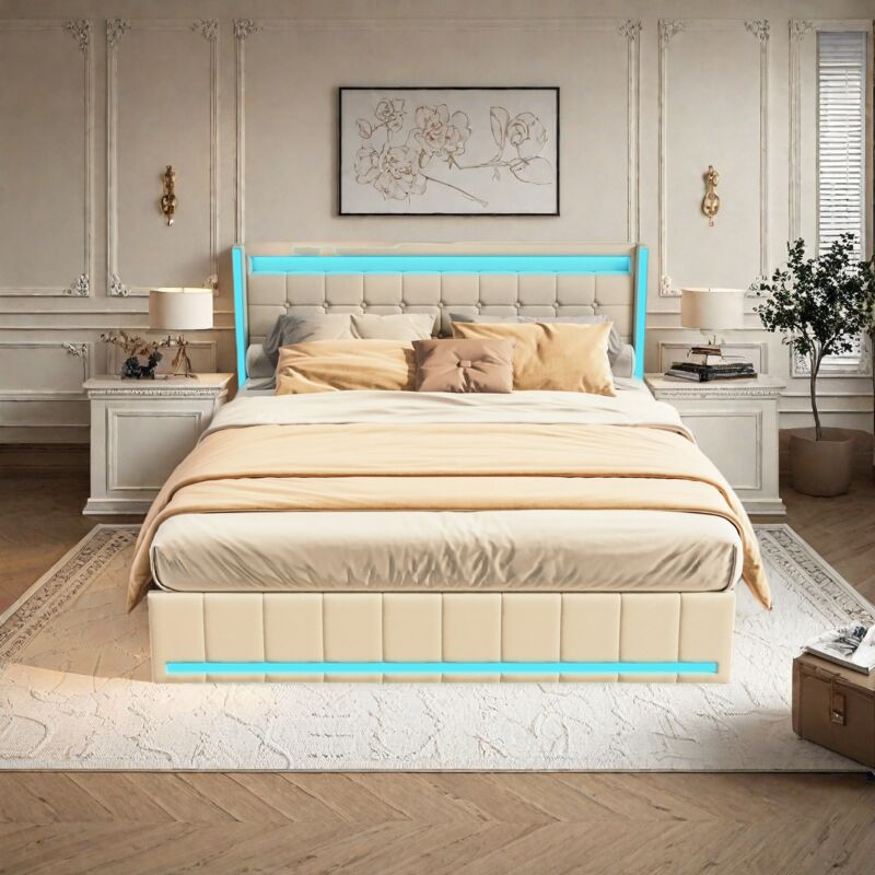Lit Plateforme 160x200 Avec LEDs, Multiprise USB Et 4 Tiroirs - Tête De Lit Rembourrée Rangement - Moderne Et Fonctionnel
