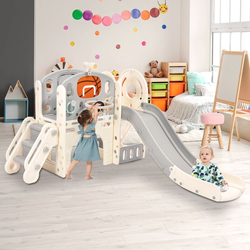 Toboggan 4 En 1 éléphant COSTWAY - Avec Panier De Basketball Et Tunnel - HDPE Résistant - Enfants 18 Mois+