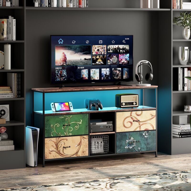Meuble TV Avec éclairage LED Et 4 Tiroirs Tissu - 137x30x78 Cm - Cadre Métal Marron - Étagères Ouvertes, Pieds Réglables