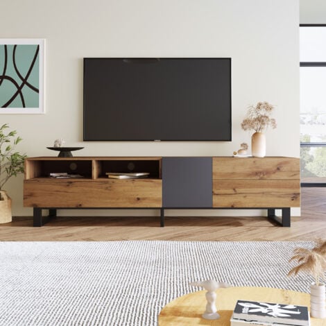 Meuble TV en bois 180cm - avec étagères et rangements, 2 portes et 2 tiroirs - Meuble TV scandinave contemporain - Naturel