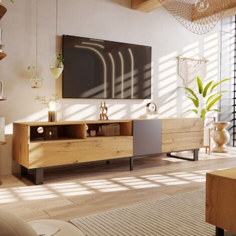 Meuble TV en bois 180cm - avec étagères et rangements, 2 portes et 2 tiroirs - Meuble TV scandinave contemporain - Naturel