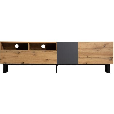 Meuble TV en bois 180cm - avec étagères et rangements, 2 portes et 2 tiroirs - Meuble TV scandinave contemporain - Naturel