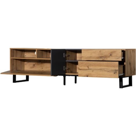 Meuble TV en bois 180cm - avec étagères et rangements, 2 portes et 2 tiroirs - Meuble TV scandinave contemporain - Naturel