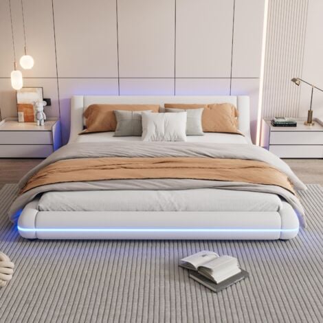 Lit adulte 160x200cm - lit rembourré avec éclairage LED, sommier à lattes, lit au sol, PU, ​​style contemporain lit double - blanc