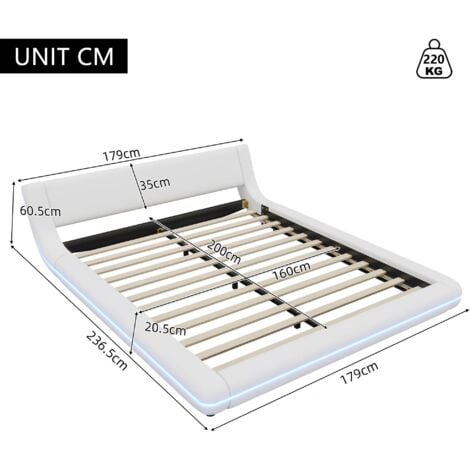 Lit adulte 160x200cm - lit rembourré avec éclairage LED, sommier à lattes, lit au sol, PU, ​​style contemporain lit double - blanc