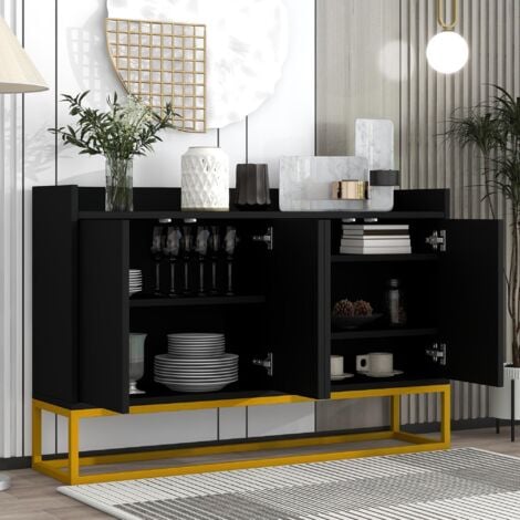 Buffet de rangement 120x30x80cm - avec 4 portes et sans poignées et 3 cloisons, cadre en métal style minimaliste moderne - noir