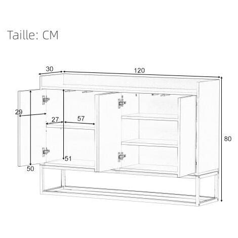 Buffet de rangement 120x30x80cm - avec 4 portes et sans poignées et 3 cloisons, cadre en métal style minimaliste moderne - noir