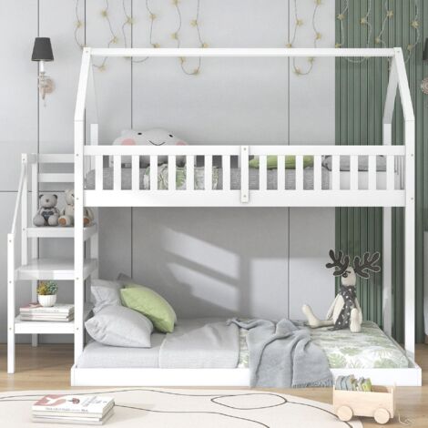 Lit Superposé Avec Toit Blanc En Pin Massif - 75x190 Cm, Lit Mezzanine Enfant, Meuble Chambre
