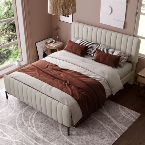 Lit adulte capitonné 160x200cm - lit double avec tête de lit réglable, sommier à lattes, style Scandinave lit adulte, Lin - Beige