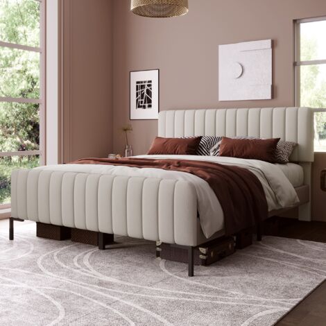 Lit adulte capitonné 160x200cm - lit double avec tête de lit réglable, sommier à lattes, style Scandinave lit adulte, Lin - Beige