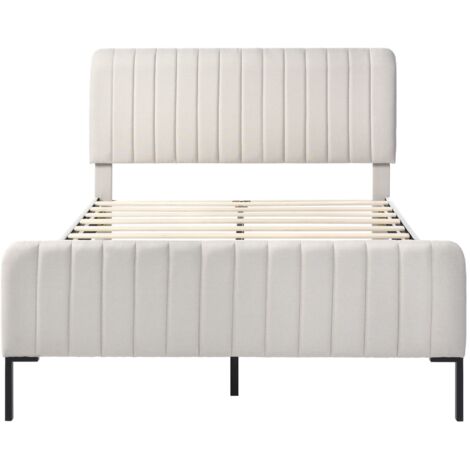Lit adulte capitonné 160x200cm - lit double avec tête de lit réglable, sommier à lattes, style Scandinave lit adulte, Lin - Beige