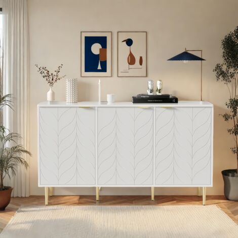 Buffet avec 2 niveaux et 6 compartiments 127x45x75cm - texture des pétales, moderne commode avec pieds et poignées plaqués or, Scandinave - Blanc