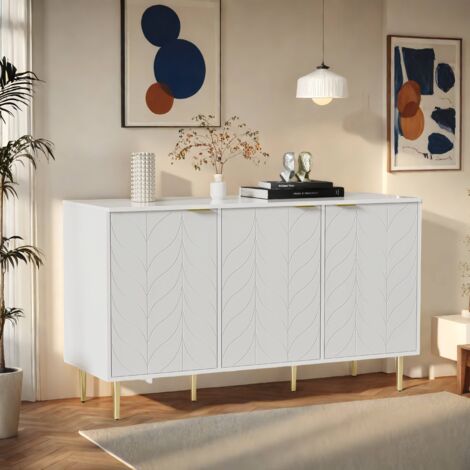 Buffet avec 2 niveaux et 6 compartiments 127x45x75cm - texture des pétales, moderne commode avec pieds et poignées plaqués or, Scandinave - Blanc