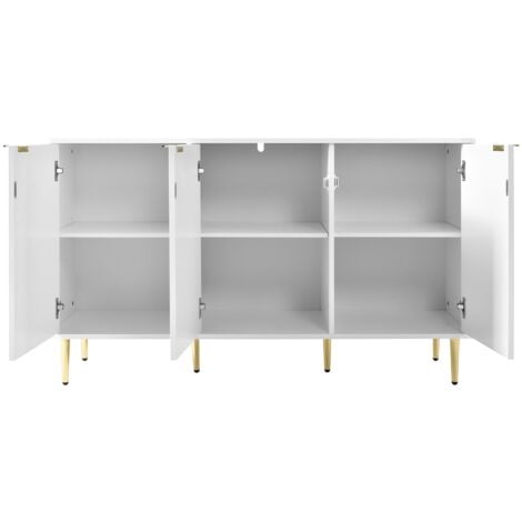 Buffet avec 2 niveaux et 6 compartiments 127x45x75cm - texture des pétales, moderne commode avec pieds et poignées plaqués or, Scandinave - Blanc