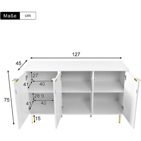 Buffet avec 2 niveaux et 6 compartiments 127x45x75cm - texture des pétales, moderne commode avec pieds et poignées plaqués or, Scandinave - Blanc