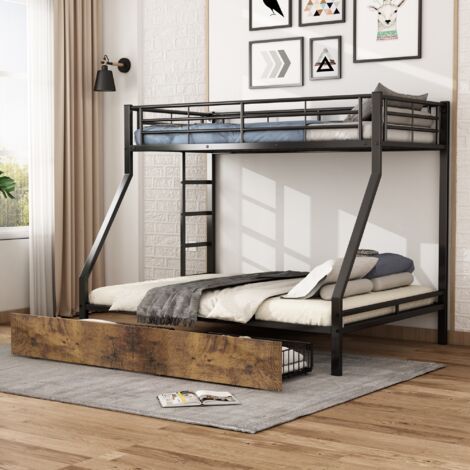 Lit Mezzanine En Métal, 140 × 200 Cm, Avec Escalier Et Armoire, Lit D'enfant, En Fer, Avec Protection Anti-chute, Compartiment De Rangement Et Grille En Fer Pour Enfants, Adolescents Ou Adultes, Noir