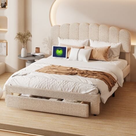 Lit avec tiroir double 160x200cm, avec 1 tiroir, grand rangement, sommier à lattes, Tête de lit réglable en hauteur, lit adulte scandinave, velours, Beige