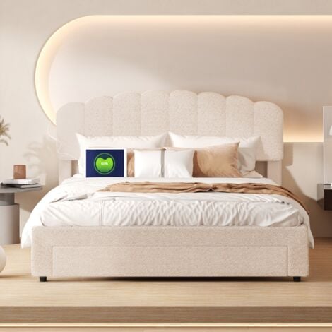 Lit avec tiroir double 160x200cm, avec 1 tiroir, grand rangement, sommier à lattes, Tête de lit réglable en hauteur, lit adulte scandinave, velours, Beige