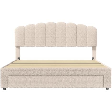 Lit avec tiroir double 160x200cm, avec 1 tiroir, grand rangement, sommier à lattes, Tête de lit réglable en hauteur, lit adulte scandinave, velours, Beige