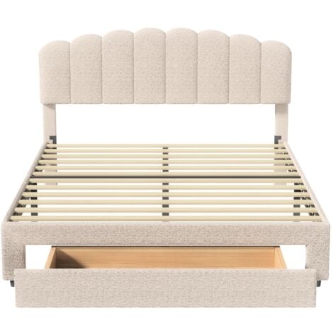Lit avec tiroir double 160x200cm, avec 1 tiroir, grand rangement, sommier à lattes, Tête de lit réglable en hauteur, lit adulte scandinave, velours, Beige