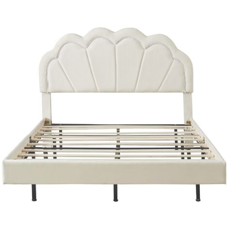 Lit adulte 140 x 200cm, cadre de lit flottant capitonné, avec éclairage LED et tête de lit design,Sommier à lattes, lit double, Scandinave, Velours, Beige