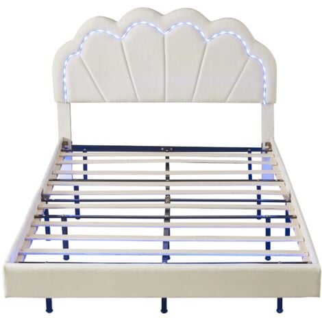 Lit adulte 140 x 200cm, cadre de lit flottant capitonné, avec éclairage LED et tête de lit design,Sommier à lattes, lit double, Scandinave, Velours, Beige