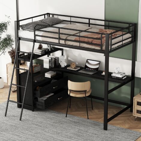 Lit Mezzanine Enfant/adulte 90x200 Cm Avec Bureau Intégré - Structure Métal + MDF - LED, Prises USB/Type-C, Rangements - Noir - Sans Matelas