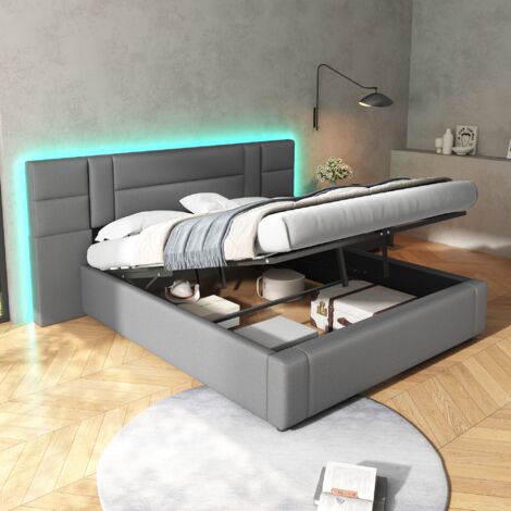 Lit Coffre 160x200cm Avec Sommier Et éclairage LED, Lit Suspendu Avec Hydraulique Rangement Sans Tete De Lit