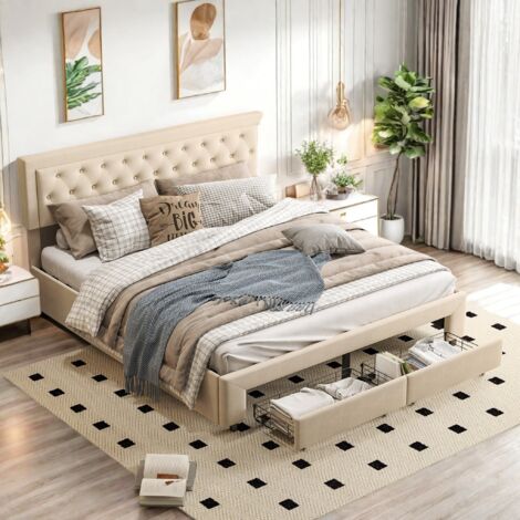 Lit Coffre - Scandinave - 160x200 Cm - Tête De Lit Capitonnée - Rangement Sous Sommier - Velours