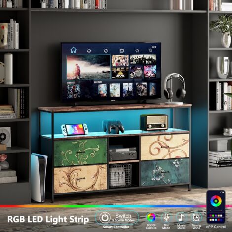 Meuble TV Rétro Avec LEDs - 4 Tiroirs, étagères, Pieds Réglables, Cadre Fer Et Panneaux (noir)