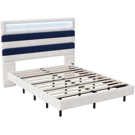 AOGLLATI Lit Flottant,140×190 CM, Cadre De Lit Avec Éclairage LED, Multiprise, Tête De Lit Avec Rangement, Structure Stable, Pas Besoin De Sommier, PU, Blanc