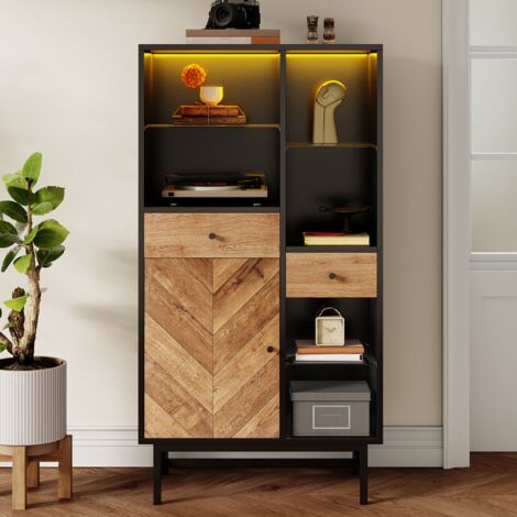 OOIILLEE - Vitrine De Collection 5 étages En Verre Avec Portes Et LED - 180 Cm Haut - Design Moderne Noir Et Chêne