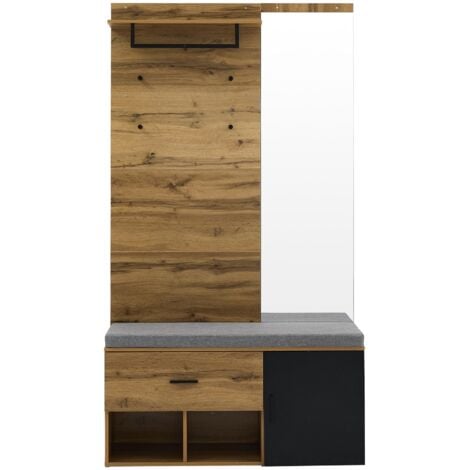 Ensemble de meubles d'entrée 4 pièces avec 1 armoire, étagère et patère, 1 banc et 1 miroir, 190 cm de hauteur, Noir