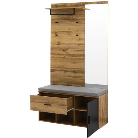 Ensemble de meubles d'entrée 4 pièces avec 1 armoire, étagère et patère, 1 banc et 1 miroir, 190 cm de hauteur, Noir