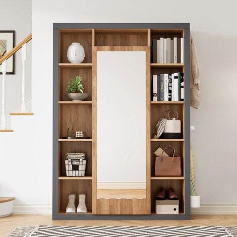 Meuble d'entrée 4 pièces avec porte-manteau et miroir, plusieurs compartiments de rangement, crochets, Ensemble moderne de meubles d'entrée - Naturelle