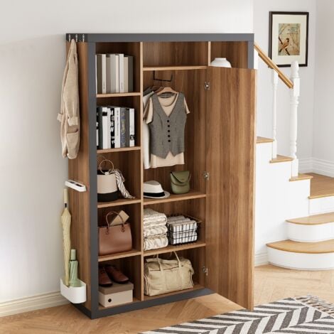 Meuble d'entrée 4 pièces avec porte-manteau et miroir, plusieurs compartiments de rangement, crochets, Ensemble moderne de meubles d'entrée - Naturelle