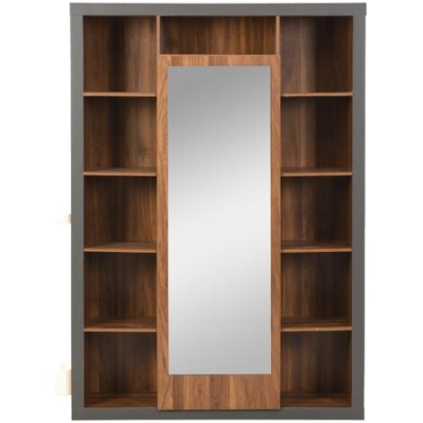 Meuble d'entrée 4 pièces avec porte-manteau et miroir, plusieurs compartiments de rangement, crochets, Ensemble moderne de meubles d'entrée - Naturelle