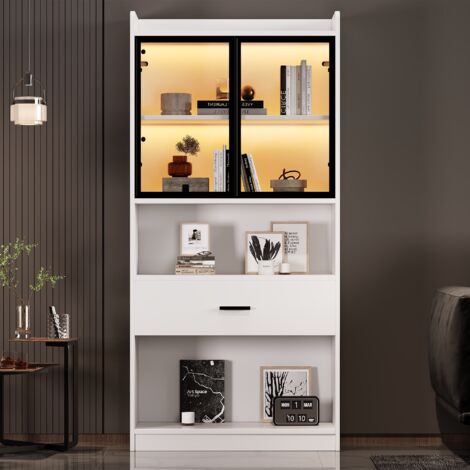 Vitrine Blanche Avec Éclairage LED, 3 Tiroirs Et 2 Séparateurs Amovibles, 2 Portes Vitrées - Vaisselier et vitrine