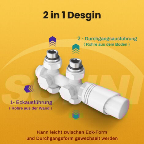SONNI Ventil Heizkörper Thermostat Anschlussgarnitur Hahnblock Weiß,Eck-und Durchgangsform,Mittelanschluss 1/2"