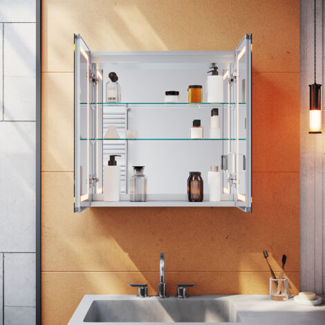 SONNI 3 Lichtfarben Dimmbar Aluminium Spiegelschrank LED 65x65x13.3cm mit Beleuchtung mit Touch Steckdose Beschlagfrei Badschrank Badspiegel