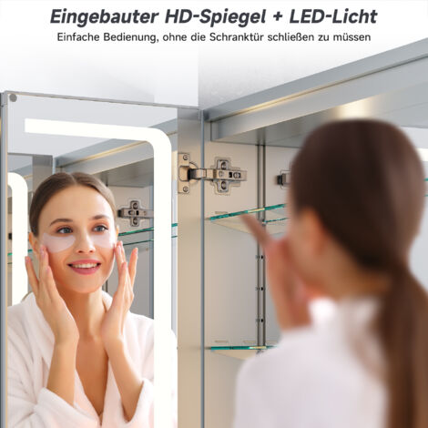 SONNI 3 Lichtfarben Dimmbar Aluminium Spiegelschrank LED 65x65x13.3cm mit Beleuchtung mit Touch Steckdose Beschlagfrei Badschrank Badspiegel