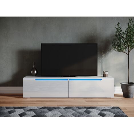 SIRHONA TV Board Möbel Hängend TV Schrank Board mit 2 Klapptüren Weiß Hochglanz 180x35x30cm mit Einstellbar LED Beleuchtung (1/5)