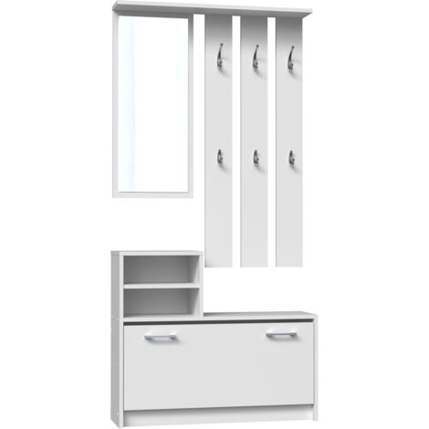 CDF Garderobe Farbe: Weiß Großer Spiegel Kleiderbügel Geräumiger Schuhschrank Ideal für Diele, Flur Praktische Ablagen Modernes Design
